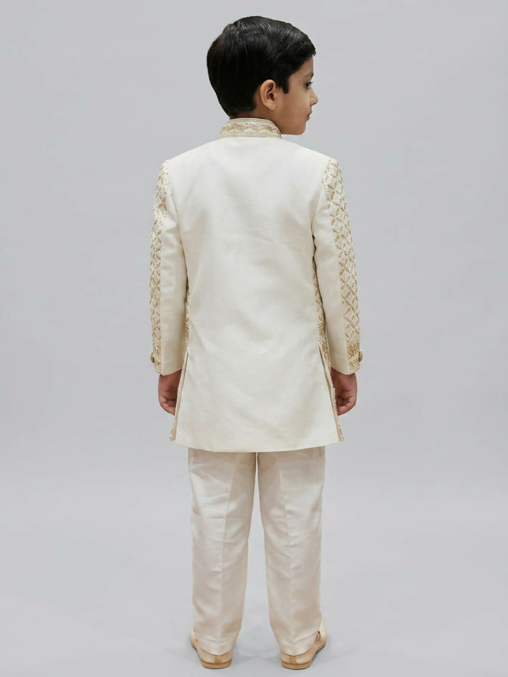 Boys Embroidered Off White Indo-Western Sherwani Set with Jacket | SHOBITAM