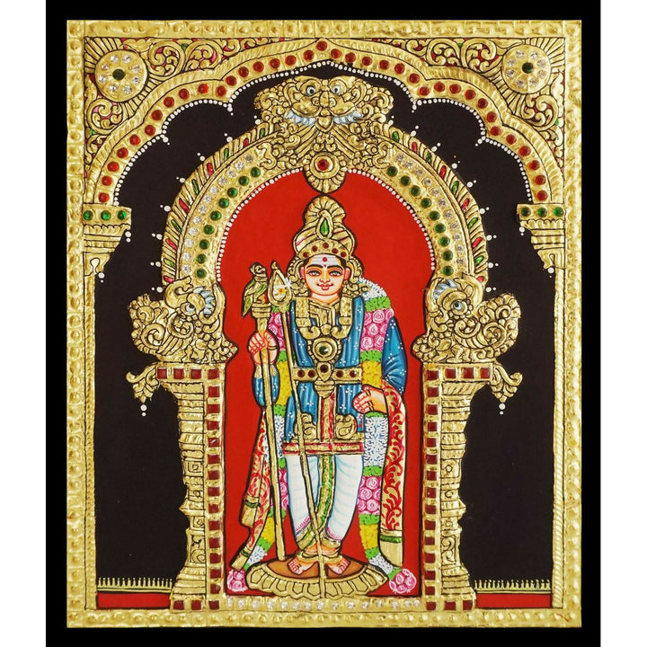 10*12 TANJORE PAINTING MURUGAN Authentic With 22 Ct Gold Foil and Jaipur Gemstones,Unframed  | SHOBITAM
