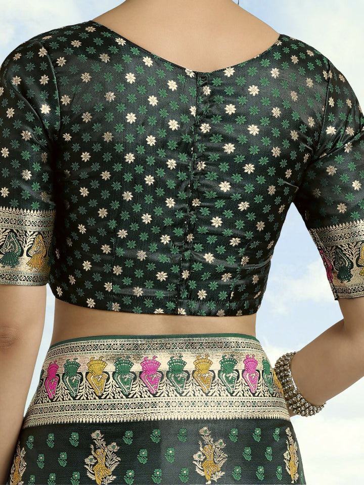 Dark Green With Gold Bordar Banarasi Satin Zari Woven Saree | SHOBITAM