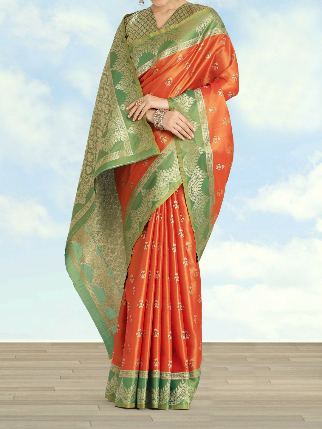 Orange Color Weaving Semi Banarasi Tissue Silk Saree | SHOBITAM