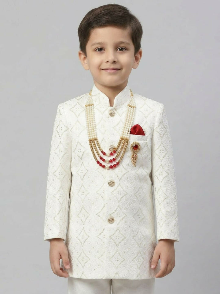 Boys Embroidered White Indo Western Sherwani Set and Trouser with Pocket | SHOBITAM