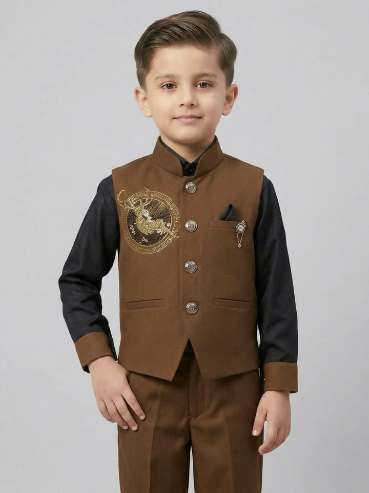 Boys Ethnic Brown & Black Waistcoat Suit Set with Shirt and Trousers | SHOBITAM