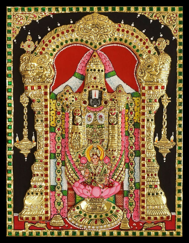 18*14" Balaji Pathalakshmi Tanjore painting Authentic with 22 Ct Gold Foil and Jaipur Gemstones, Unframed | SHOBITAM