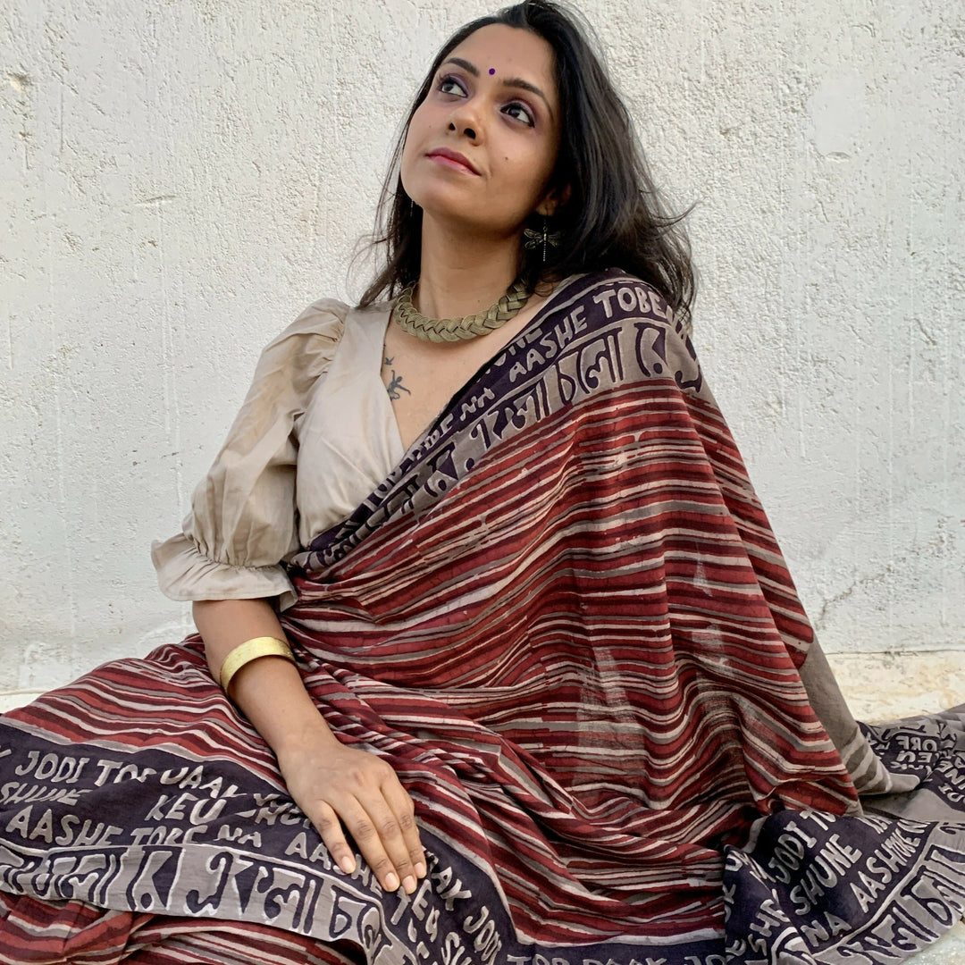 Shayra Dabu Block printed Ekla cholo Saree | SHOBITAM