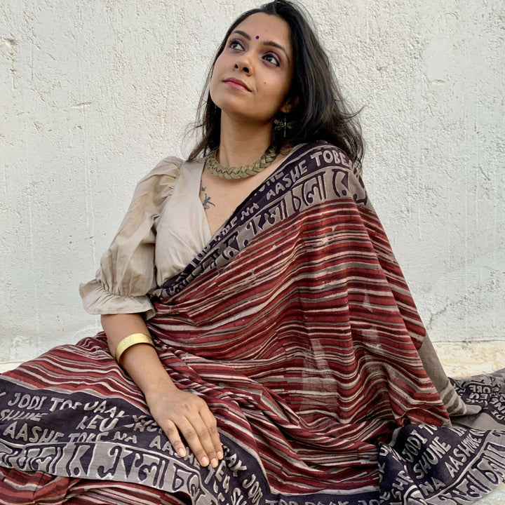 Shayra Dabu Block printed Ekla cholo Saree | SHOBITAM