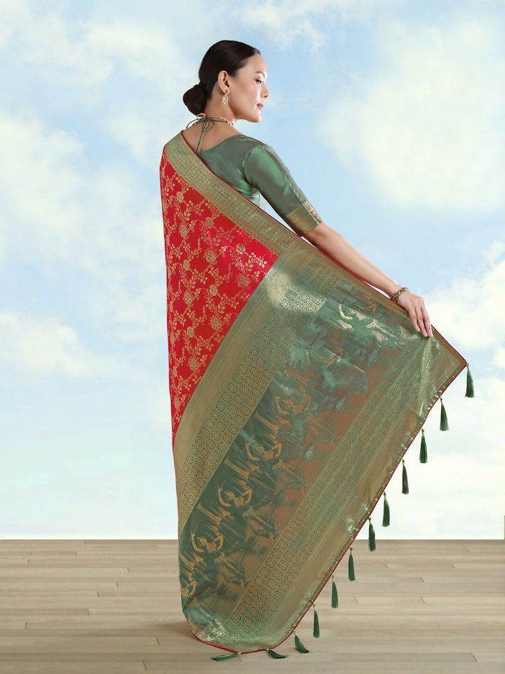 Red Faux Banarasi Silk Saree With Zari Woven Design | SHOBITAM