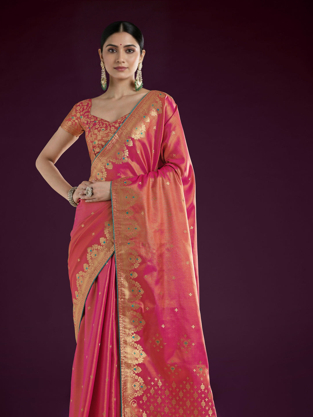 Red Color Paisley Zari Woven Semi Banarasi Tissue Silk Saree  | SHOBITAM