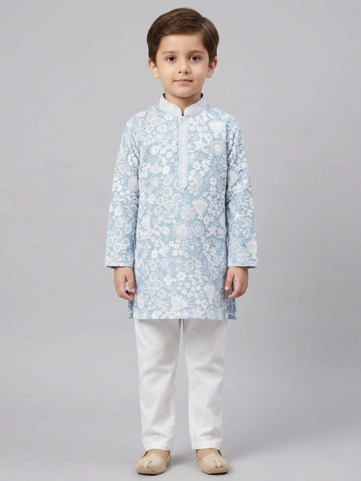 Boys Embroidered Blue Ethnic Wear Kurta Pajama Set | SHOBITAM