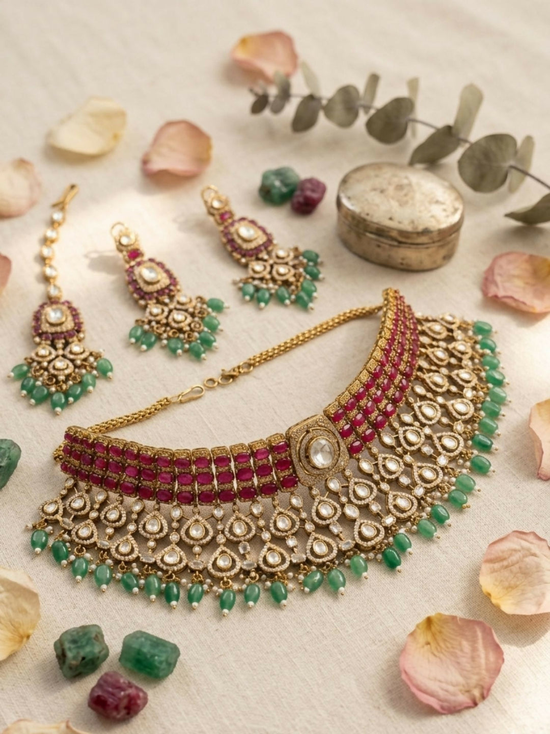 Royal Kundan & Emerald Bridal Choker Set with Maangtikka | SHOBITAM
