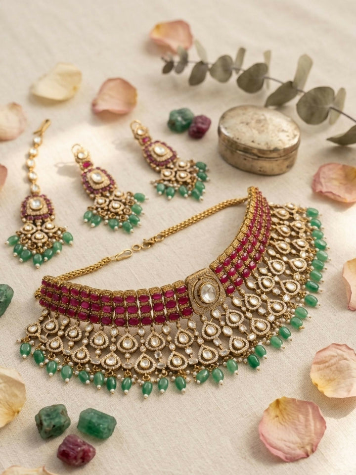 Royal Kundan & Emerald Bridal Choker Set with Maangtikka | SHOBITAM