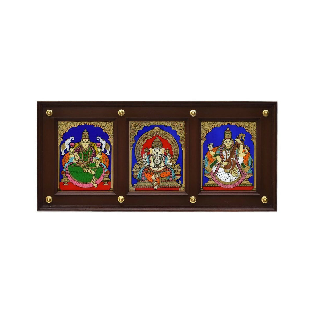 GLASS PAINTING LAKSHMI GANESHA SARASWATHI PANEL | SHOBITAM