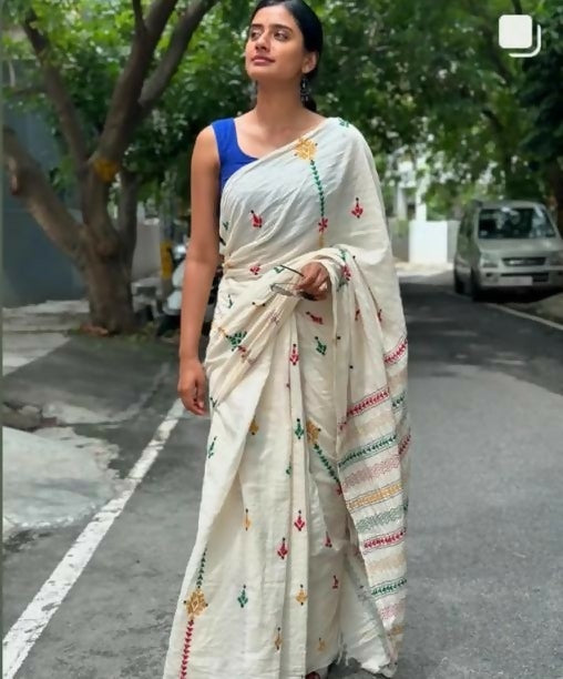 Ivory Kantha Stitch Embroidery Cotton Saree | SHOBITAM