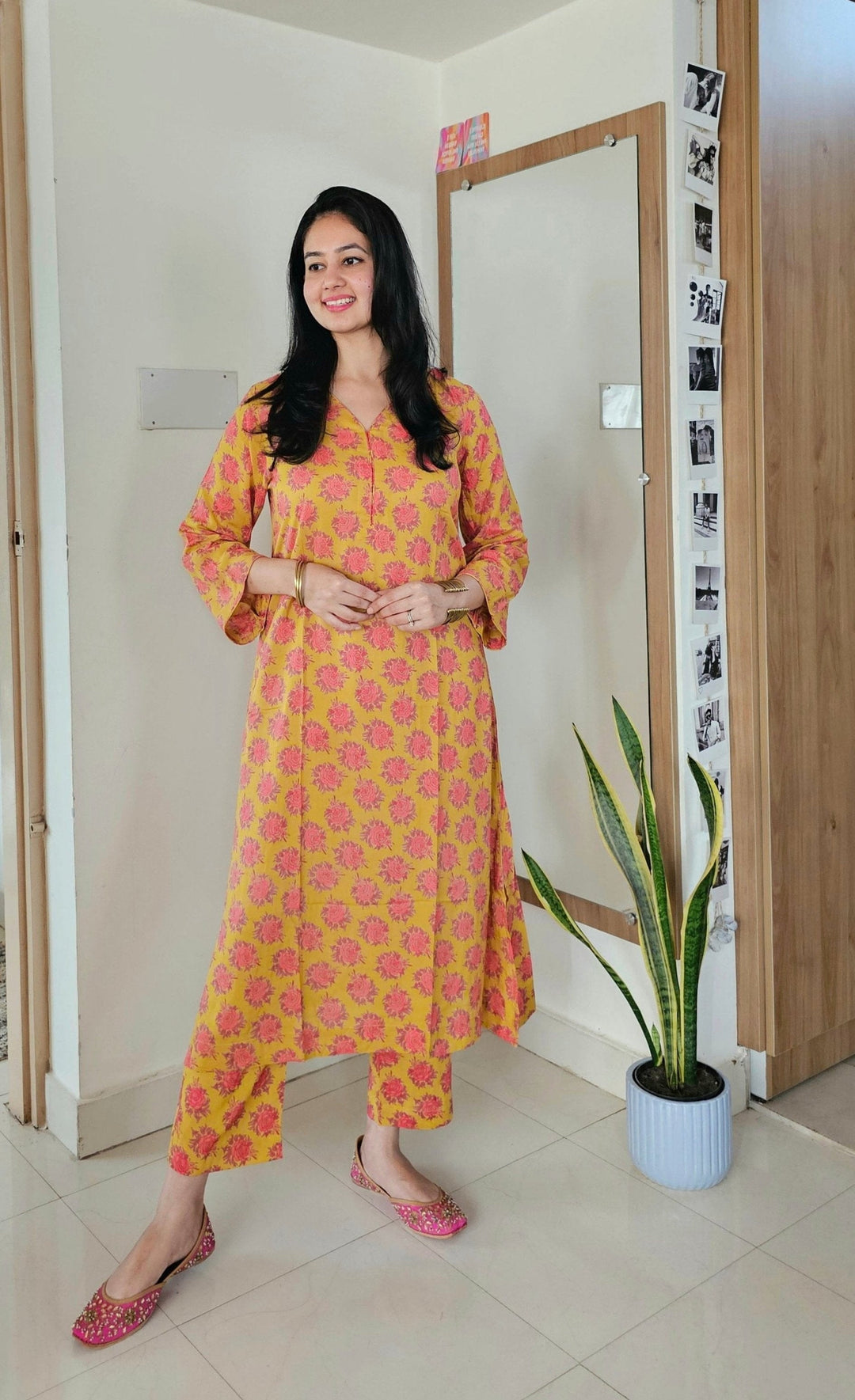 GULMOHAR Yellow Cotton Floral Print Kurta Set Of 2