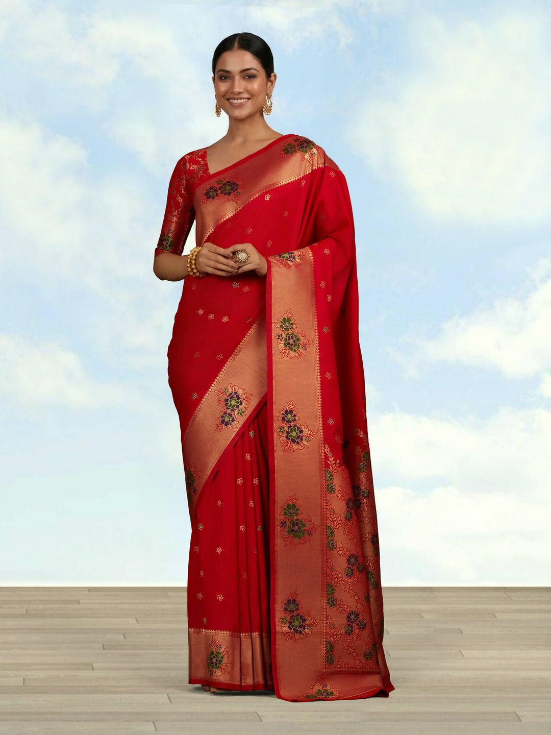 Red Woven Silk Blend Saree | SHOBITAM