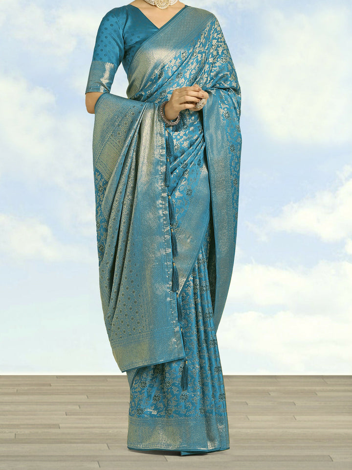Sky blue Banarasi Satin Silk Meenakari zari weaving Saree | SHOBITAM