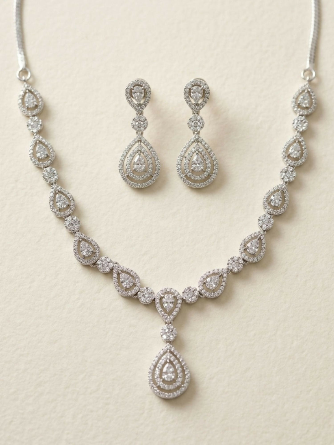Classic Silver Plated American Diamond Necklace Set | SHOBITAM