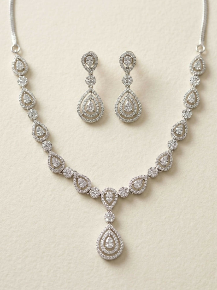 Classic Silver Plated American Diamond Necklace Set | SHOBITAM