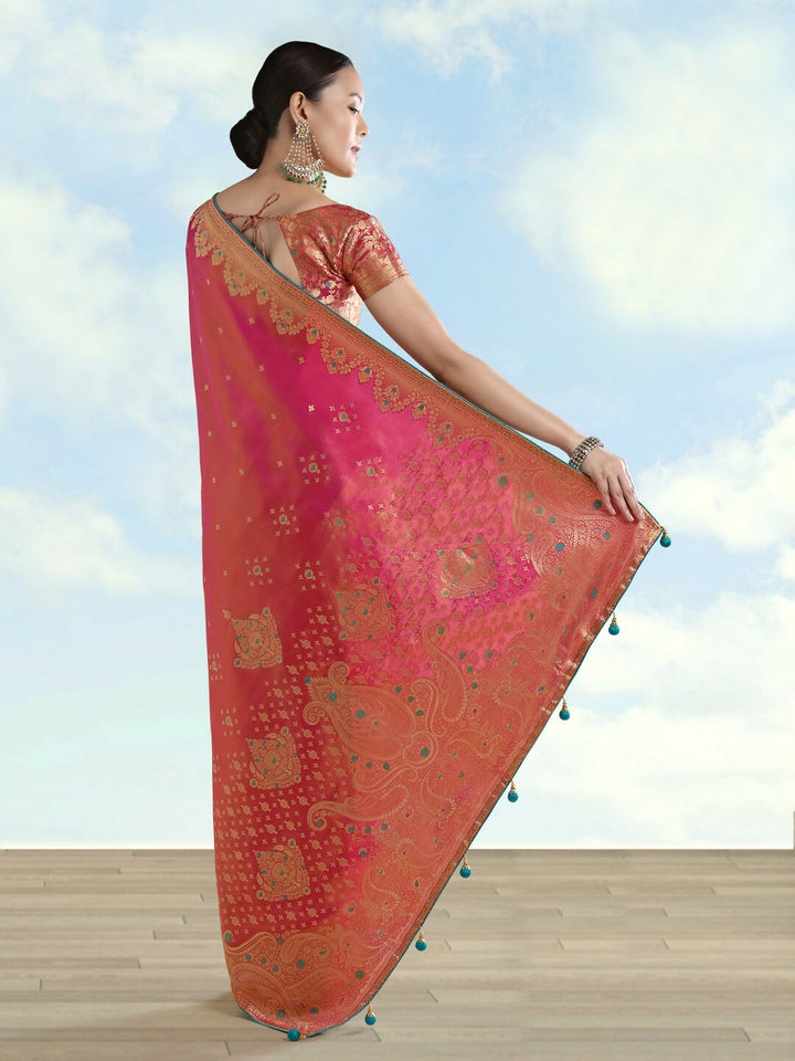 Red Color Paisley Zari Woven Semi Banarasi Tissue Silk Saree  | SHOBITAM