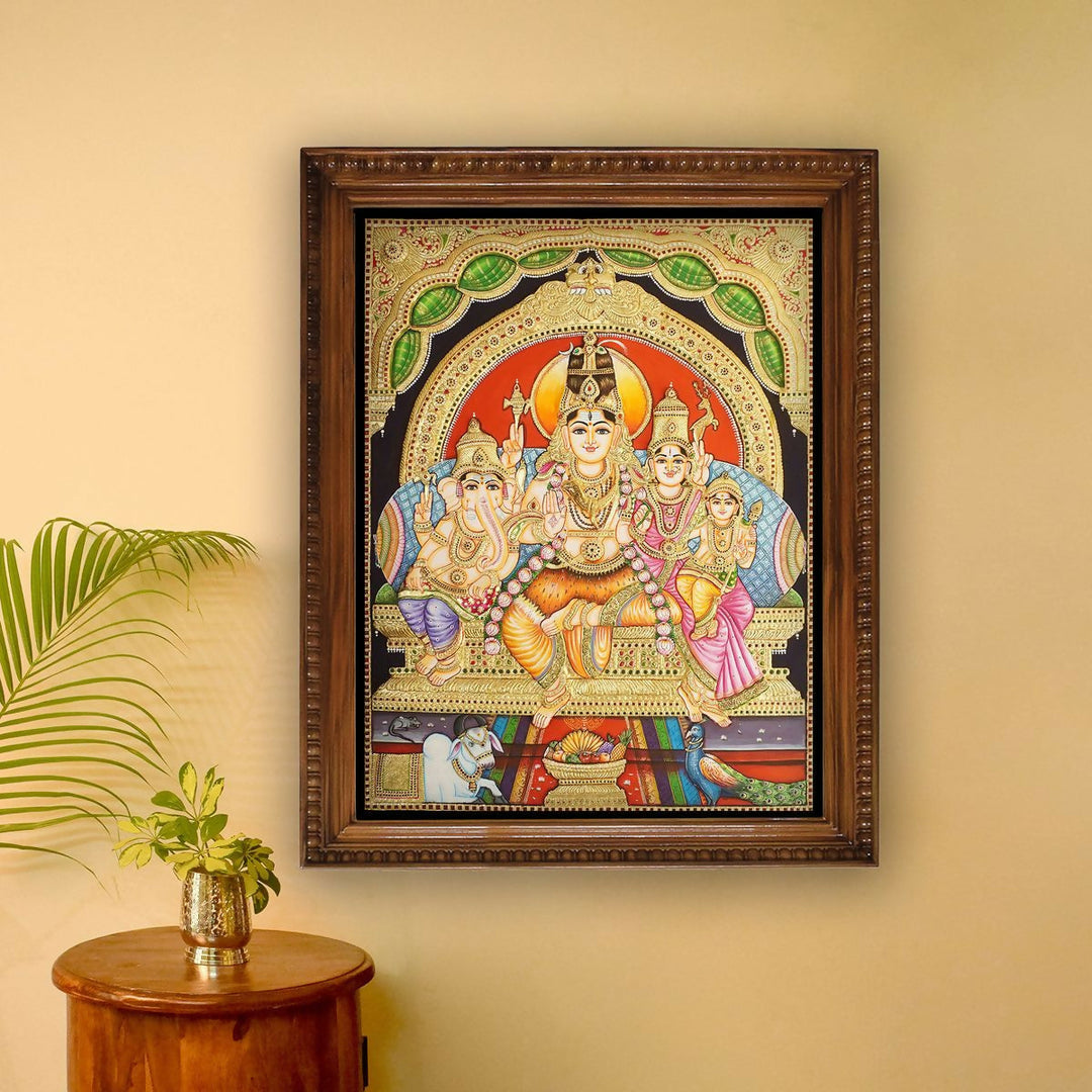36*48 Tanjore painting of the Shiva Family Authentic With 22 Ct gold Foil and Jaipur Gemstones,Unframed | Sobitam