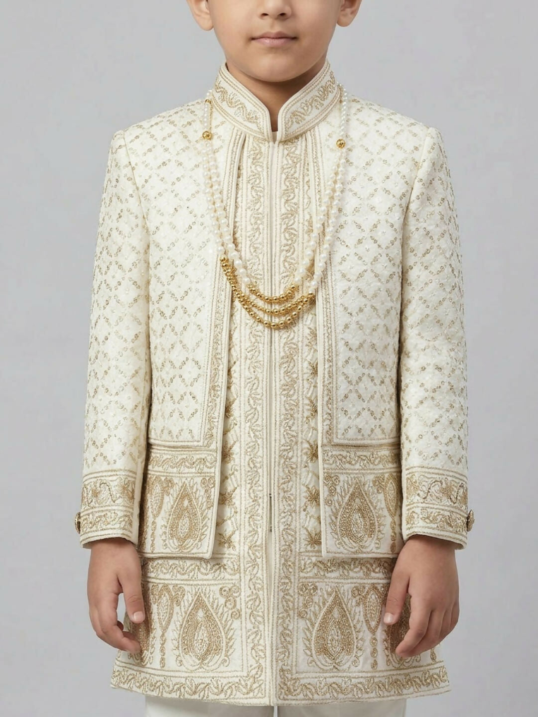 Boys Embroidered Off White Indo-Western Sherwani Set with Jacket | SHOBITAM