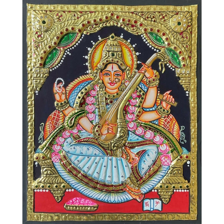 10x8" Tanjore Painting Saraswathi Authentic With 22 Ct gold Foil and Jaipur Gemstones ,Unframed | SHOBITAM