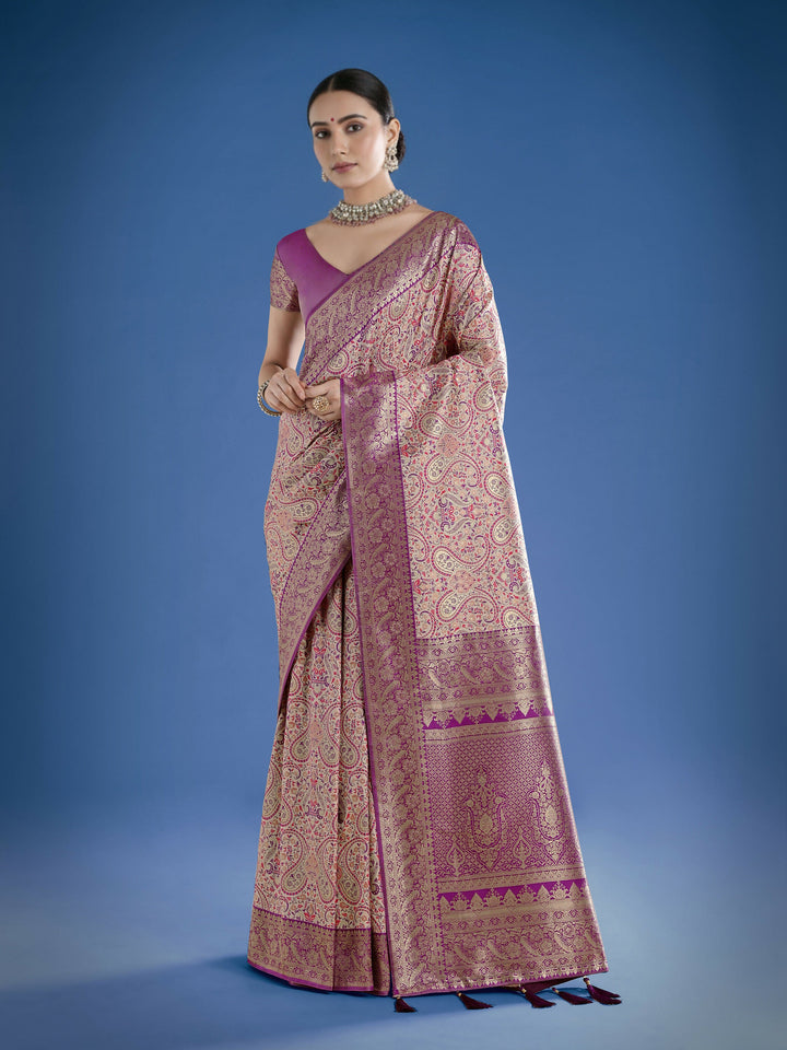 Beige Banarasi Semi Silk Saree With Traditional Paisley Weaves | SHOBITAM