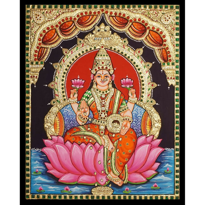 16*20 Tanjore painting Lotus Lakshmi Authentic With 22 Ct gold Foil and Jaipur Gemstones Unframed | SHOBITAM