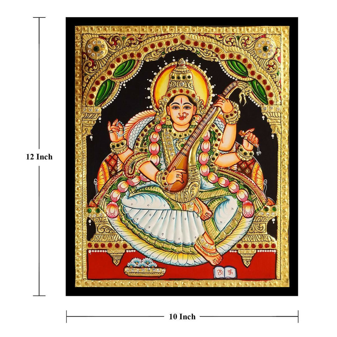 10*12 Authentic TANJORE PAINTING SARASWATHI With 22 Ct gold Foil and Jaipur Gemstones,Unframed | SHOBITAM