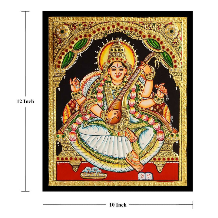 10*12 Authentic TANJORE PAINTING SARASWATHI With 22 Ct gold Foil and Jaipur Gemstones,Unframed | SHOBITAM