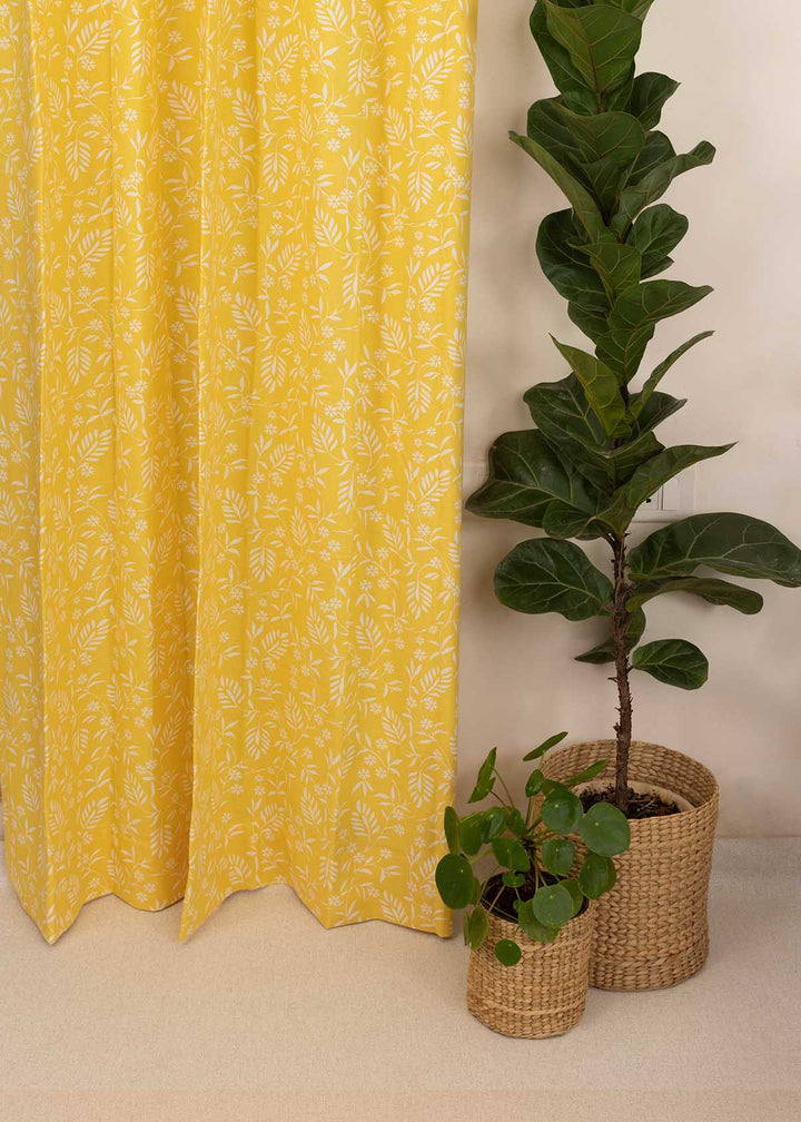 Yellow Daisy 100% cotton floral curtain for kids room, living room & bed room - Room darkening - Single Piece | SHOBITAM