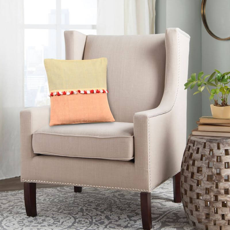Peach Yellow Cotton Cushion Cover with pompoms - Pack of 1 | SHOBITAM