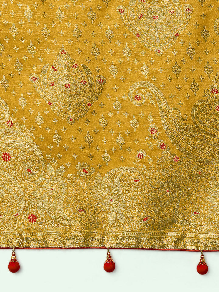 Mustard Color Paisley Zari Woven Semi Banarasi Tissue Silk Saree  | SHOBITAM