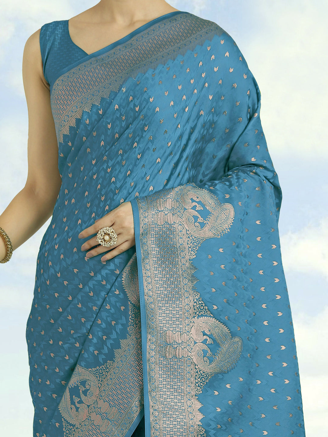 Cyan blue Woven Banarasi Satin Silk Saree | SHOBITAM