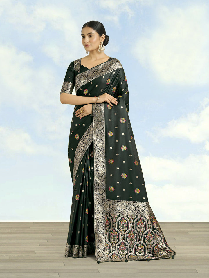 Dark Green Banarasi Zari Woven Satin Silk Saree | SHOBITAM
