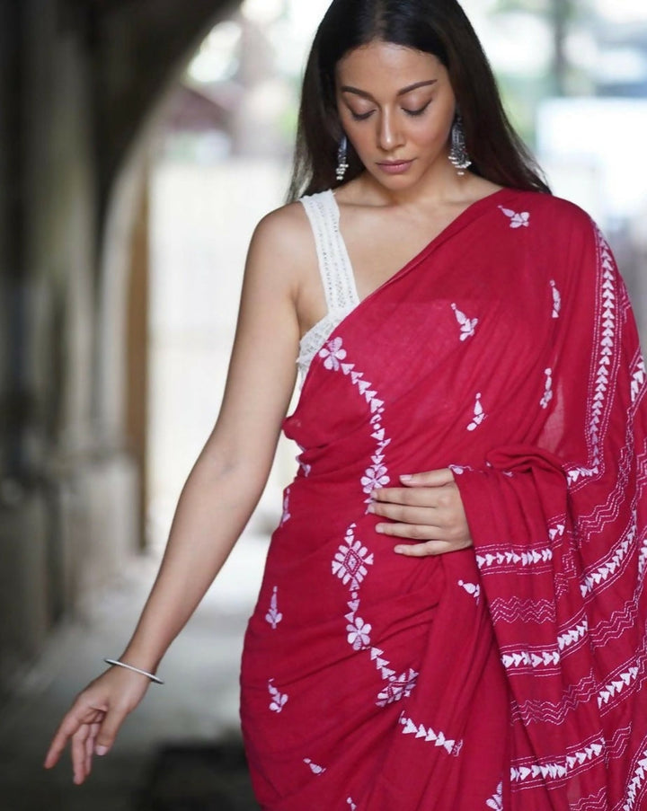 Gulmohar Red Mul Kantha Stitch Saree | SHOBITAM