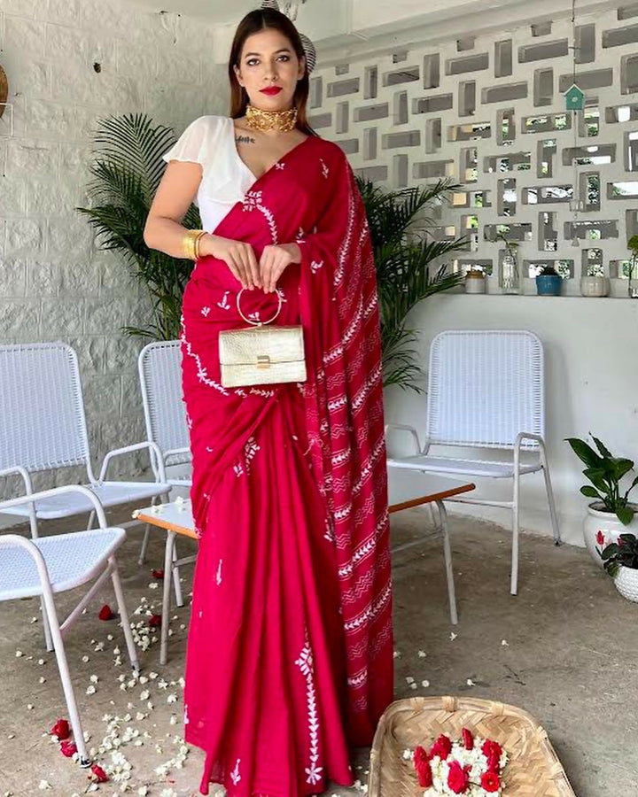 Gulmohar Red Mul Kantha Stitch Saree | SHOBITAM