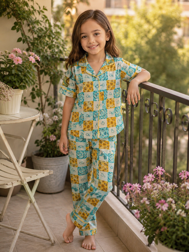 Kids Multicolour Checks Cotton Nightsuit Co-ord Set for Boys and Girls | SHOBITAM
