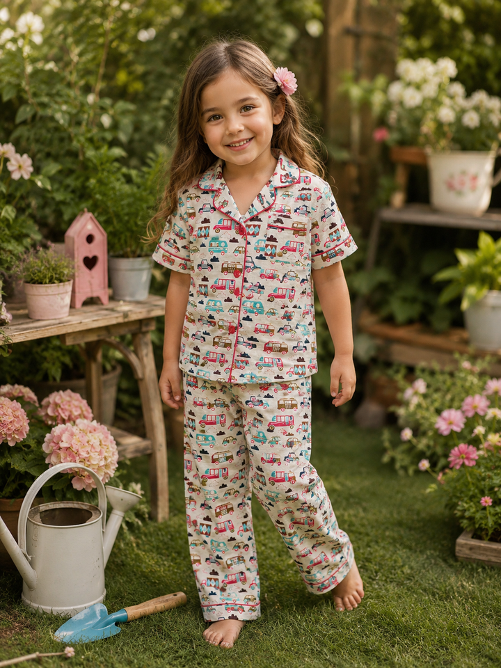 Kids White Bus & Cars Print Cotton Nightsuit Co-ord Set for Boys and Girls | SHOBITAM