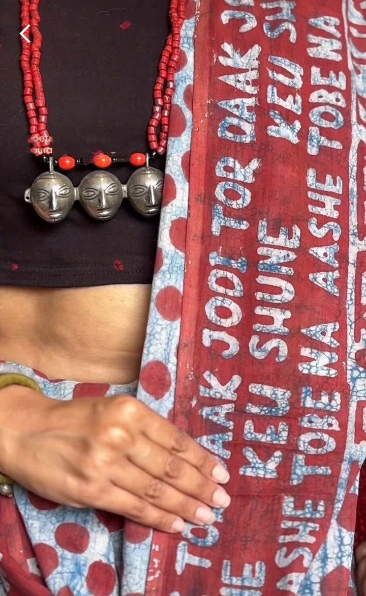 Muted Bluev Polka Nostalgia Ekla Cholo  Dabu Block Printed Cotton Saree | SHOBITAM