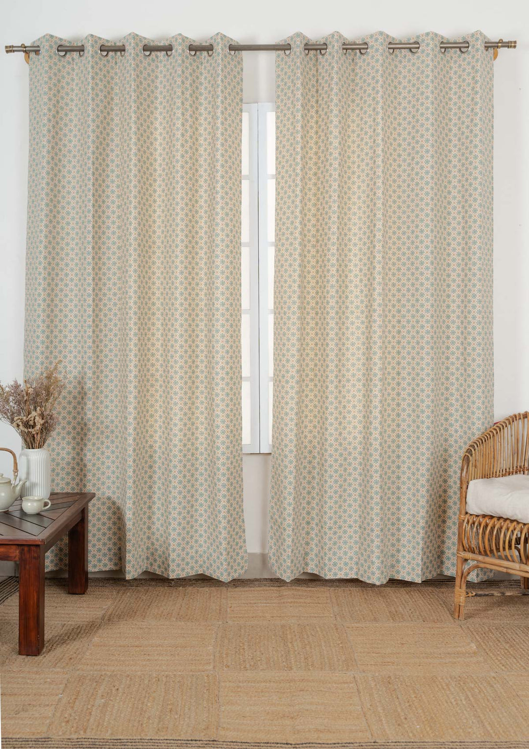 Yura 100% cotton geometric curtain for living room - Room darkening - Aqua blue - Single - Single Piece | SHOBITAM