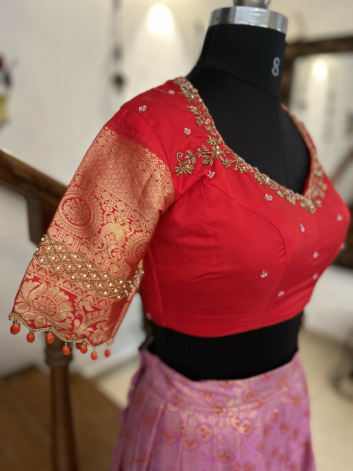 Rose Pink Brocade Skirt With Red Blouse | SHOBITAM