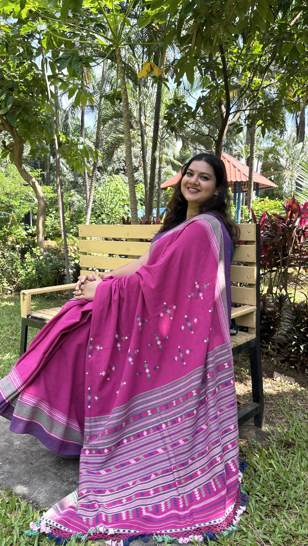 Gulal Bhujodi Cotton saree with Mirror Work | SHOBITAM