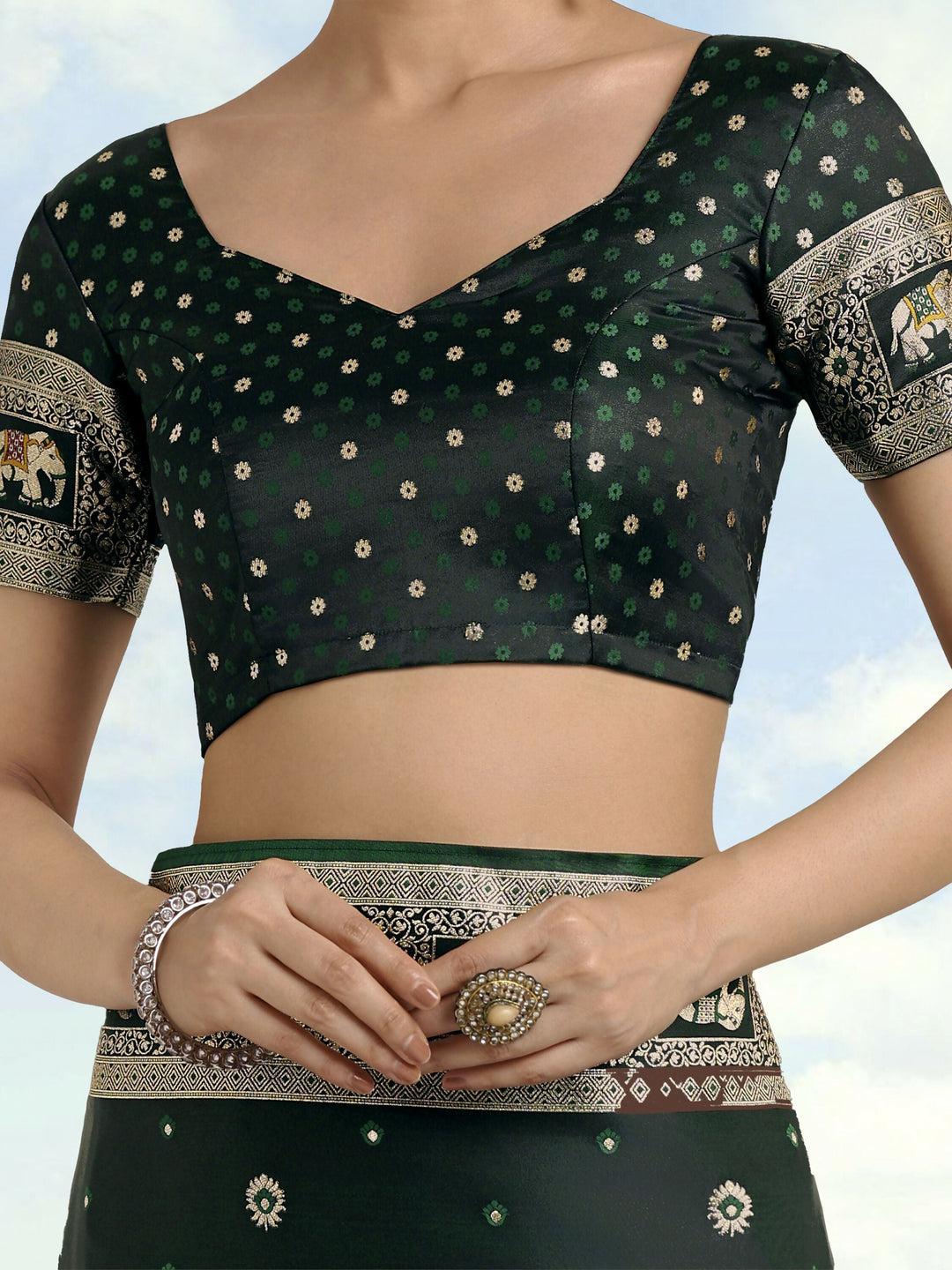 Dark Green Woven Banarasi Satin Silk Saree | SHOBITAM