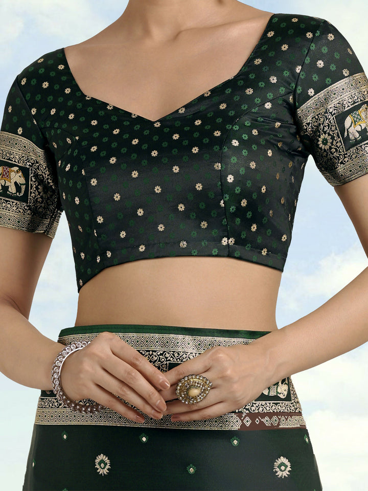 Dark Green Woven Banarasi Satin Silk Saree | SHOBITAM