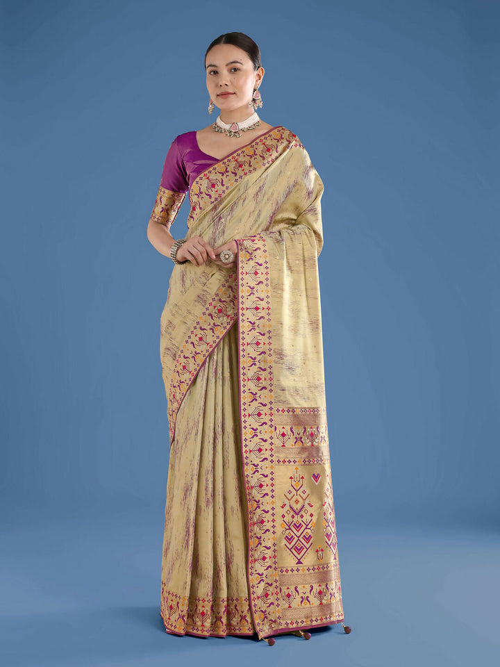 Beige Color Semi Banarasi Tissue Silk Paithani Woven Saree | SHOBITAM