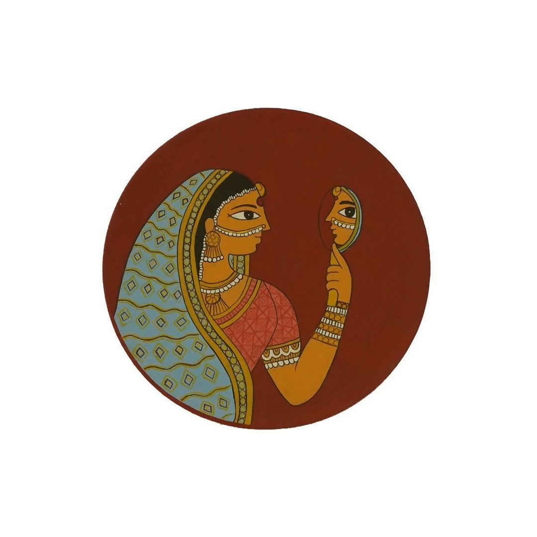 12" Indian Lady with Mirror Round Wooden Wall Plate | SHOBITAM