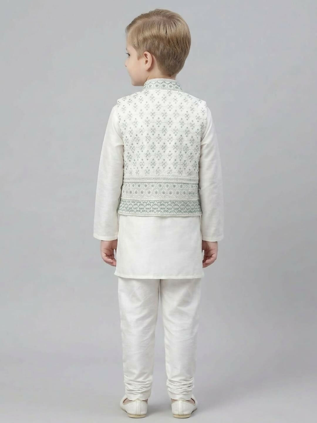 Boys Embroidered White & Grey Kurta Pajama Set with Ethnic Jacket | SHOBITAM