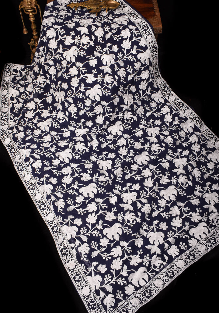 Chinar Aari Embroidery Kashmiri Saree in Midnight Blue Georgette with resplendent Pallu and skirt border