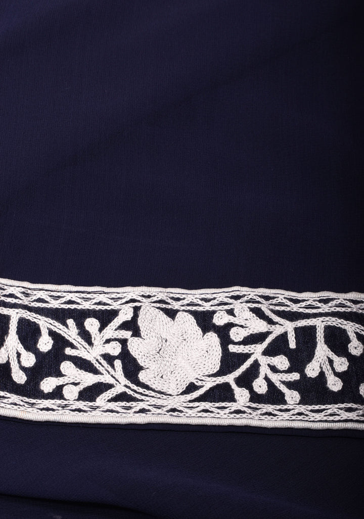 Chinar Aari Embroidery Kashmiri Saree in Midnight Blue Georgette with resplendent Pallu and skirt border