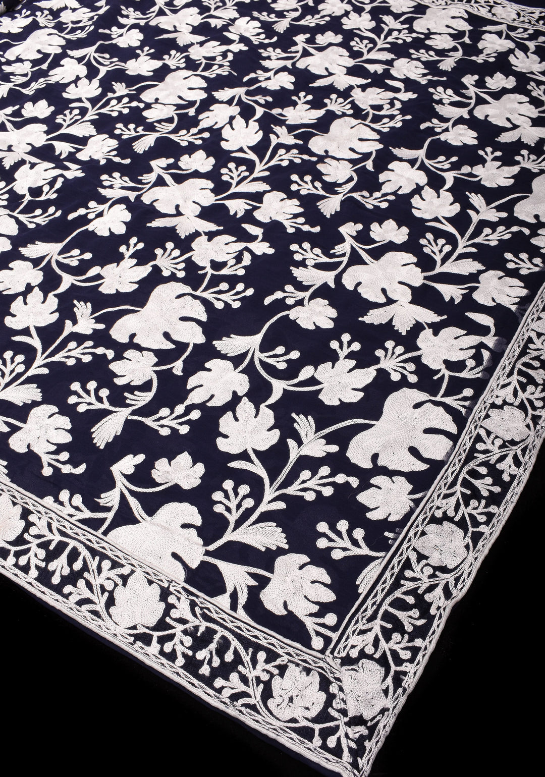 Chinar Aari Embroidery Kashmiri Saree in Midnight Blue Georgette with resplendent Pallu and skirt border